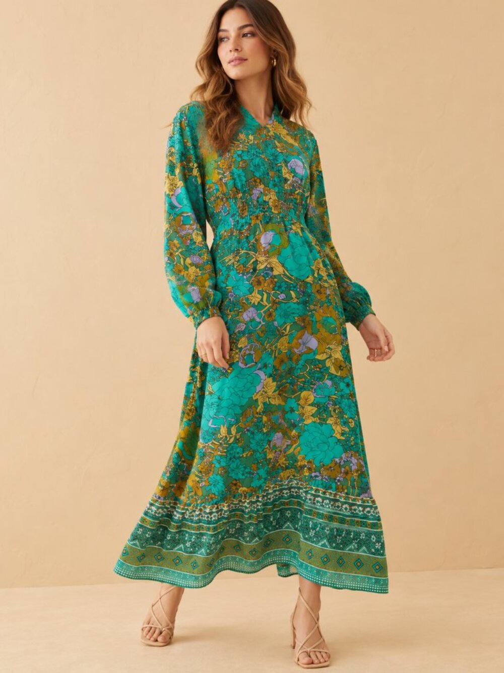 Boho Teal Floral Drop Waist Long Sleeve Maxi Dress